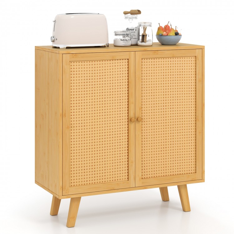 Bamboo buffet storage cabinet with PE rattan doors, featuring a wide top for kitchen supplies and a stylish boho design.