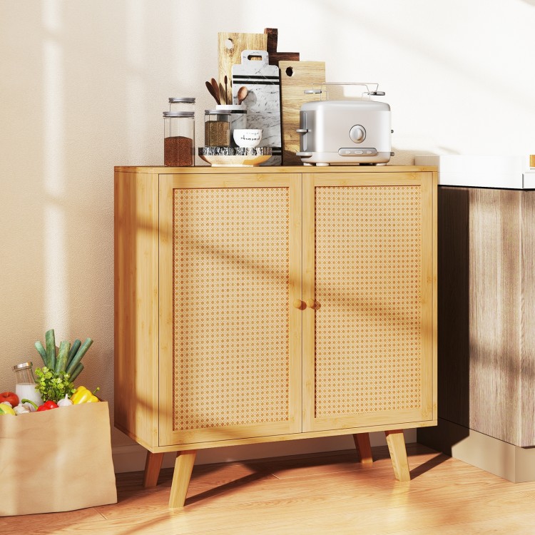 Bamboo buffet storage cabinet with PE rattan doors, featuring double doors and a natural finish for kitchen.