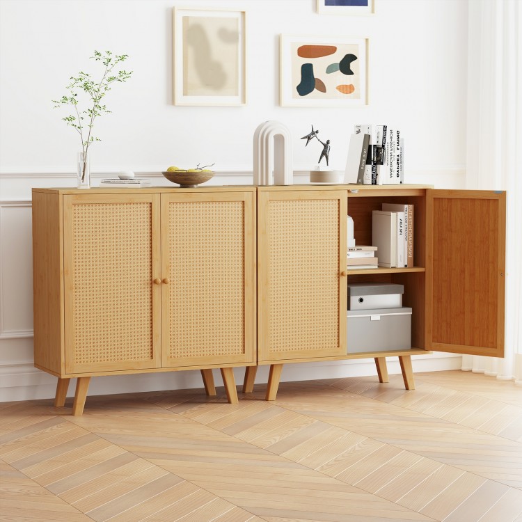 Bamboo buffet storage cabinet with PE rattan doors, showcasing a stylish design and ample interior space for versatile.