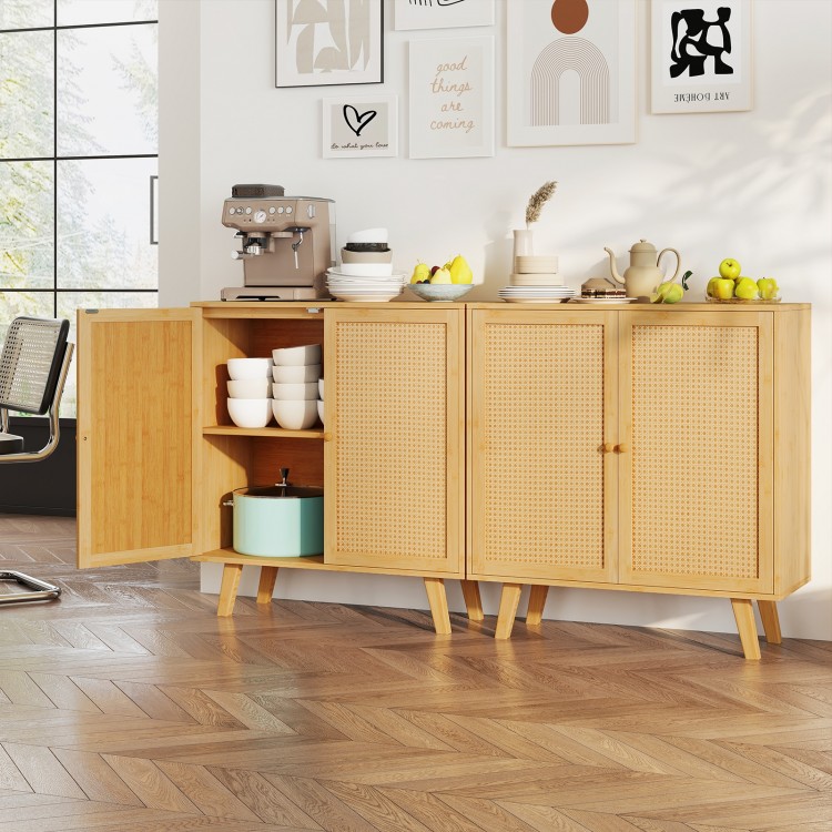 Bamboo buffet storage cabinet with PE rattan doors, featuring double doors and a natural finish for stylish kitchen.