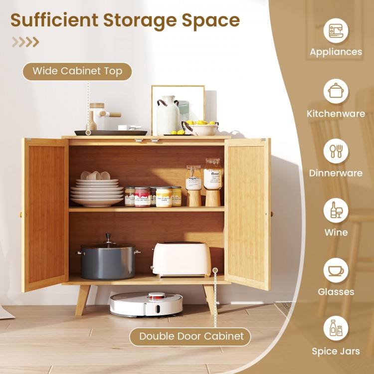 Bamboo buffet storage cabinet with PE rattan doors, double door design, and wide top for kitchenware organization.