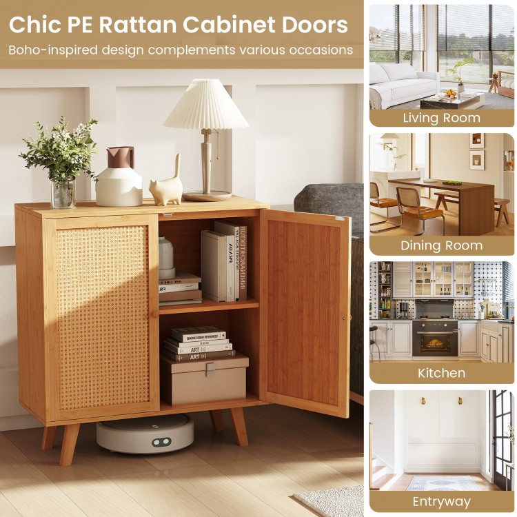 Bamboo buffet storage cabinet with PE rattan doors, featuring a natural finish and stylish boho design for versatile.