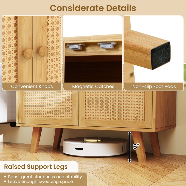 Bamboo buffet storage cabinet with PE rattan doors, raised legs, and anti-slip foot pads for kitchen organization.