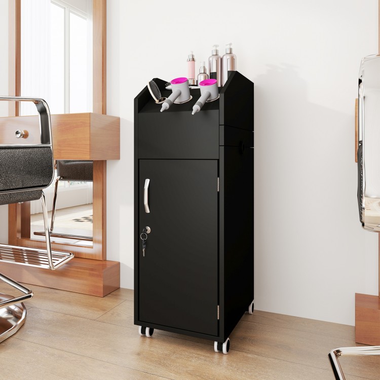 Salon trolley cart in black with 3 drawers, lockable cabinet, and 360° rolling wheels for mobile storage in salons.