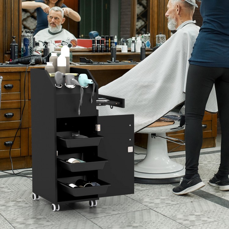 Salon trolley cart in black with 3 pull-out drawers and a slide-out side tray, ideal for mobile storage in salons.
