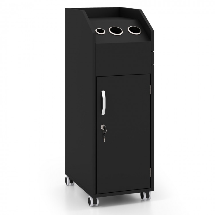 Salon trolley cart in black with 3 pull-out drawers, lockable cabinet, and 360° rolling wheels for mobile storage.