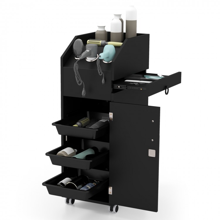 Salon trolley cart in black with 3 pull-out drawers, slide-out tray, and 360° rolling wheels for mobile storage.