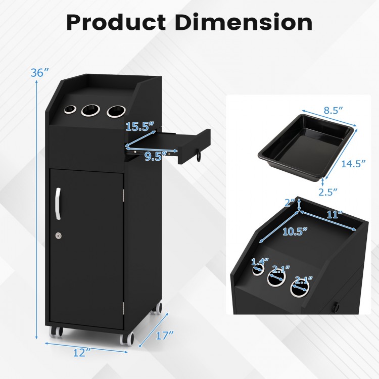 Salon trolley cart dimensions showing a black mobile storage station with a slide-out tray and 360° rolling wheels.
