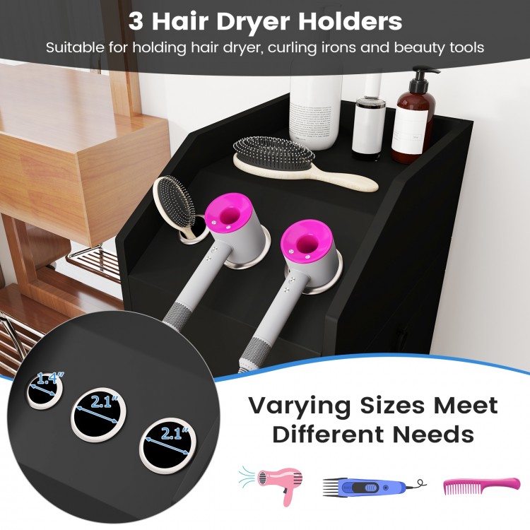 Salon trolley cart with 3 hair dryer holders, lockable cabinet, and 4 rolling wheels for mobile storage and.