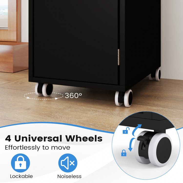 Close-up of the Salon Trolley Cart's 360° lockable wheels, designed for easy mobility and stability in a black finish.