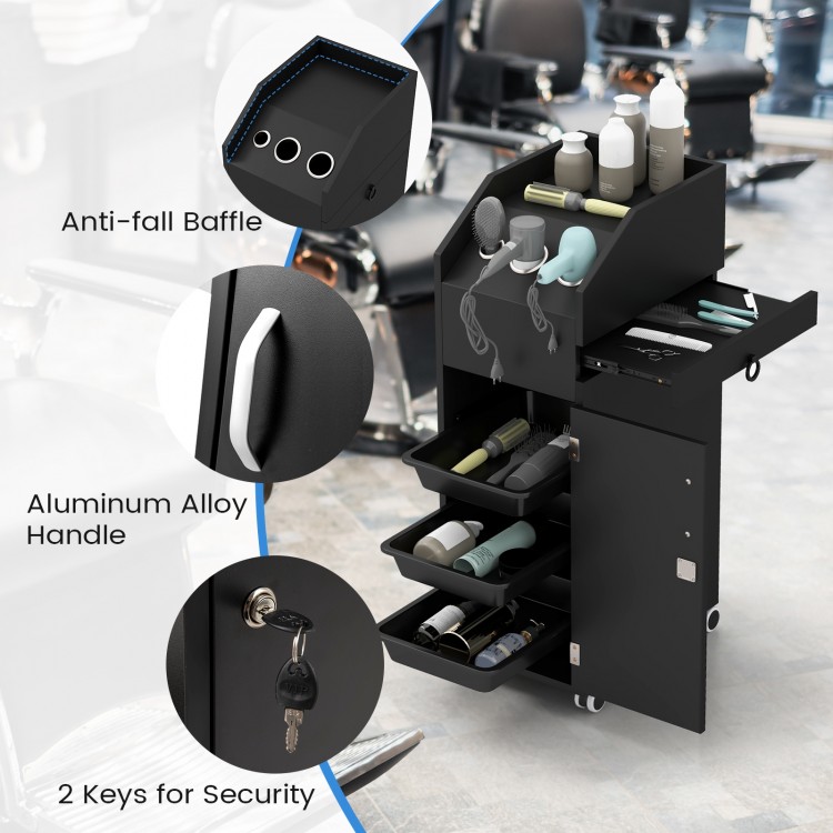 Salon trolley cart in black featuring an aluminum alloy handle and anti-fall baffle for secure tool storage and.
