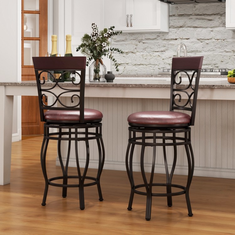 Set of 2 vintage 26-inch bar stools with backrest, brown PU leather seats, and sturdy metal frames for kitchen or bar.