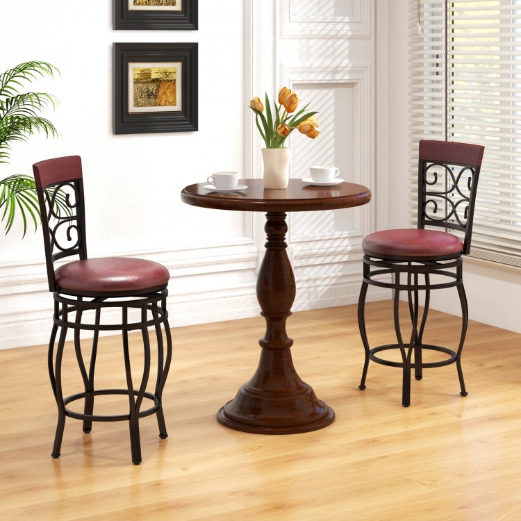Vintage bar stool set with backrest and footrest in brown, featuring a 360° swivel for versatile use in any space.