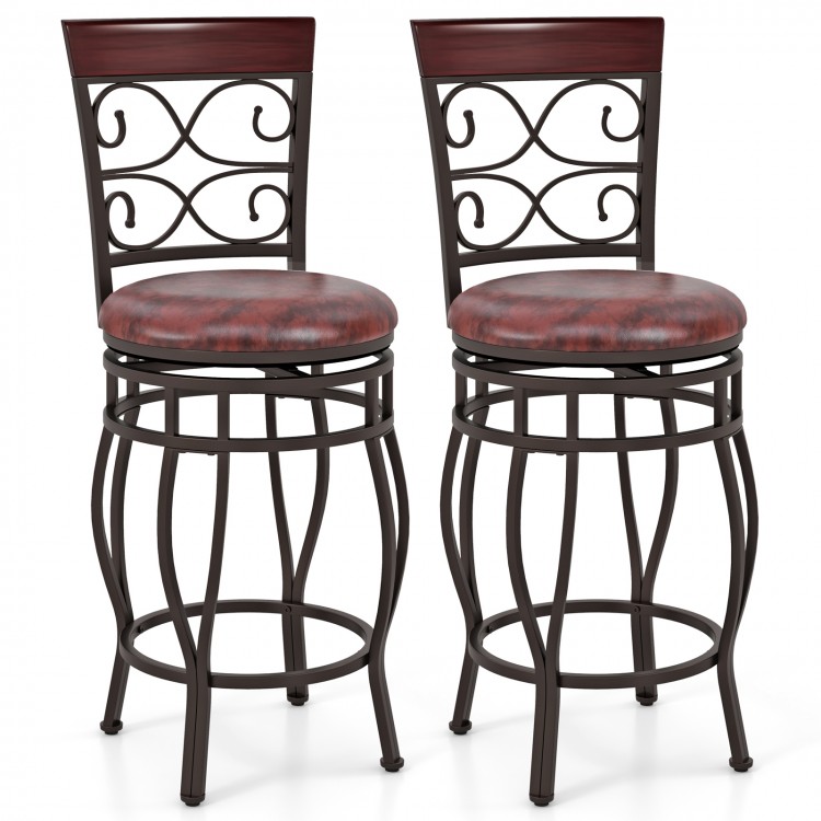 Set of 2 vintage 26-inch bar stools with backrest and footrest, featuring a brown PU leather seat and metal frame.