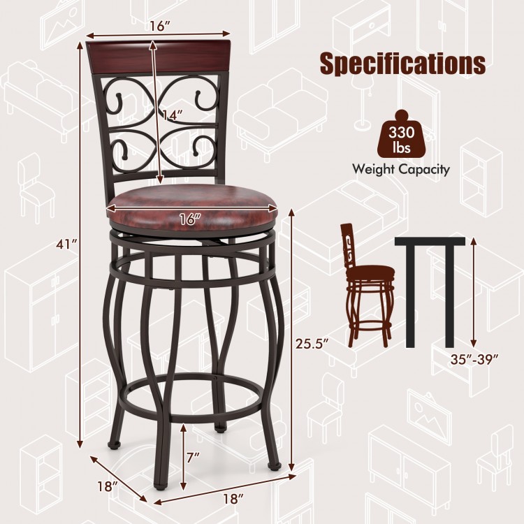 26-inch vintage bar stool with backrest and footrest, brown PU leather seat, 360° swivel, ideal for kitchen or bar use.