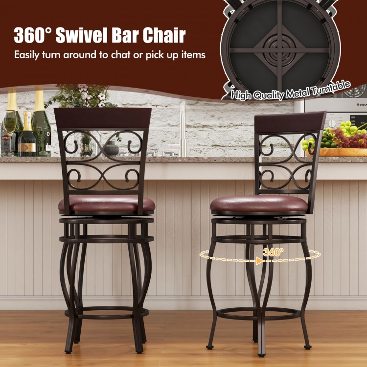 Set of 2 vintage 26-inch bar stools with backrest, 360° swivel, and brown PU leather for kitchen or bar use.