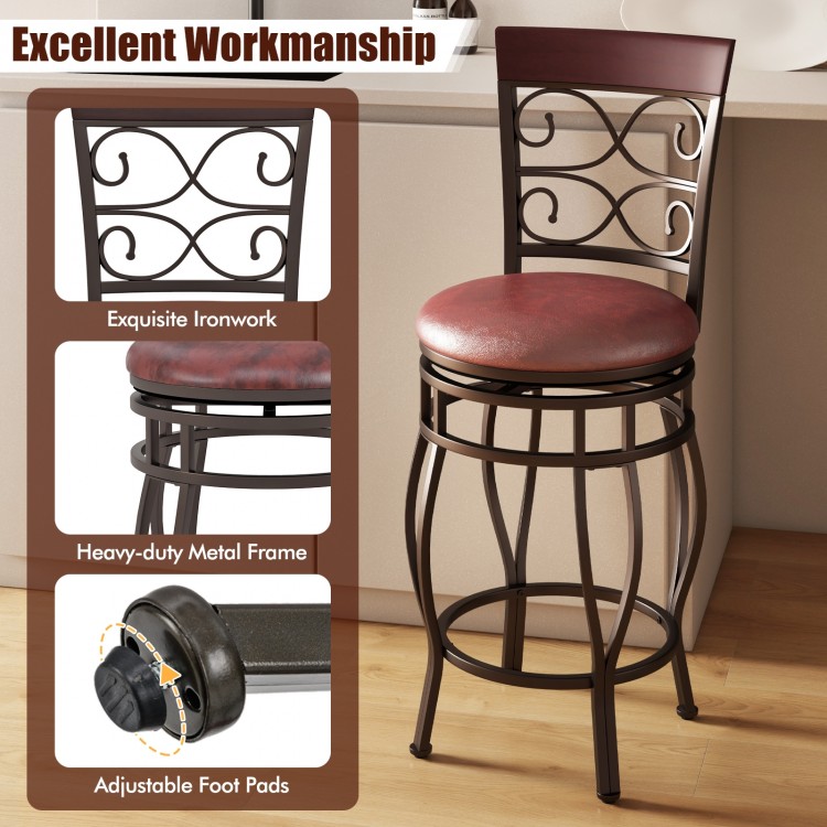 Vintage 26-inch bar stool with backrest, brown PU leather seat, heavy-duty metal frame, ideal for kitchen or bar use.