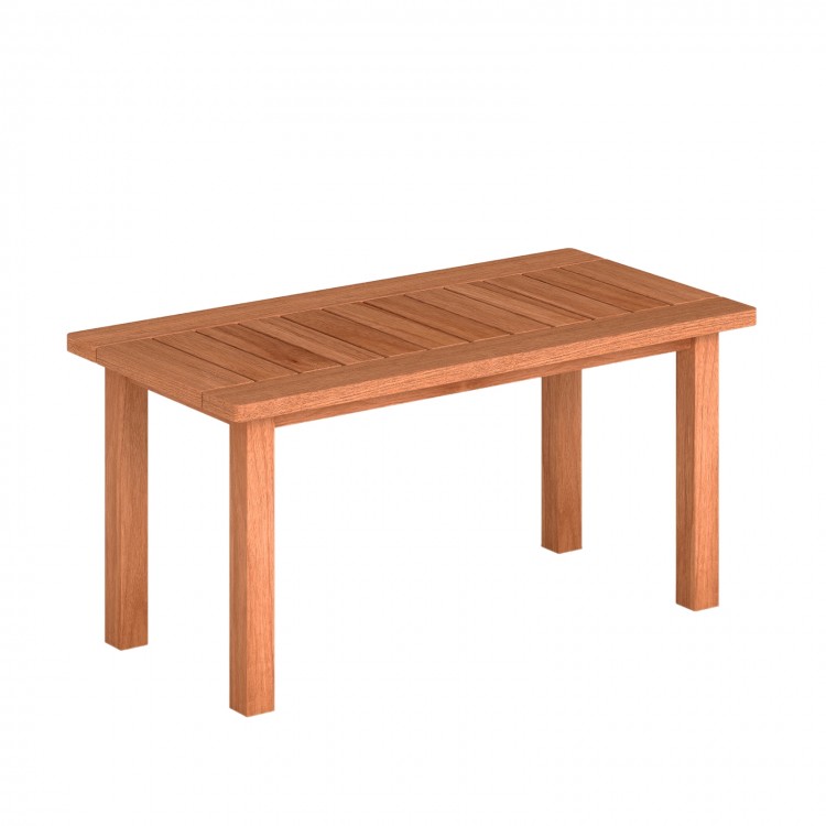 Rectangular patio coffee table with slatted wood tabletop, ideal for deck or poolside use, featuring sturdy support.