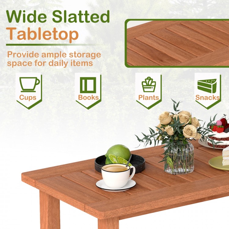 Wide slatted tabletop of the patio coffee table in high-quality wood, perfect for deck or poolside storage.