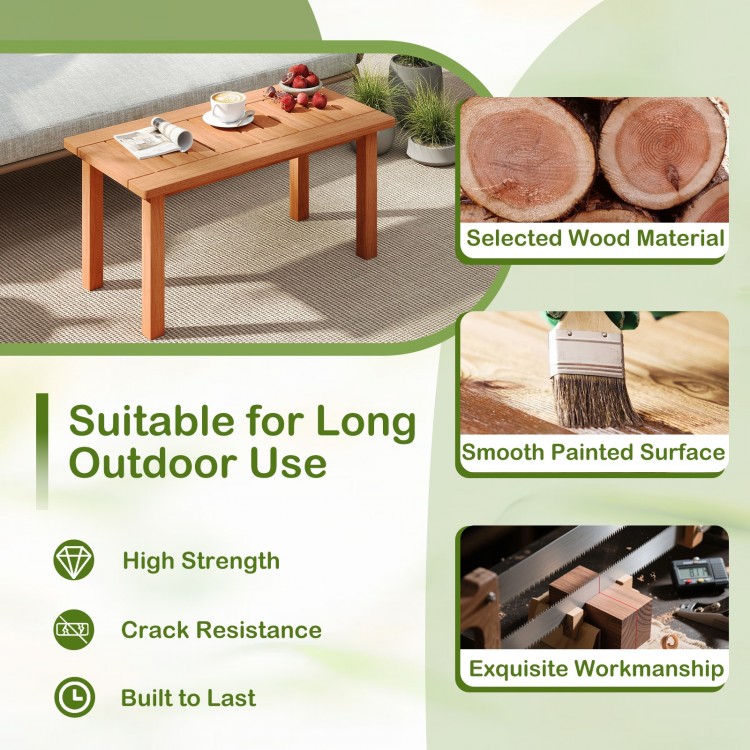 Patio coffee table with slatted tabletop, made of high-quality wood, ideal for outdoor use by the poolside or deck.