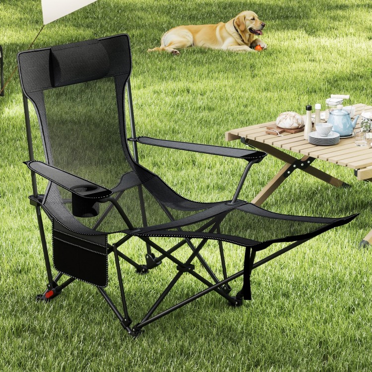 Reclining camping chair in gray with removable footrest, adjustable backrest, and breathable mesh fabric for outdoor.
