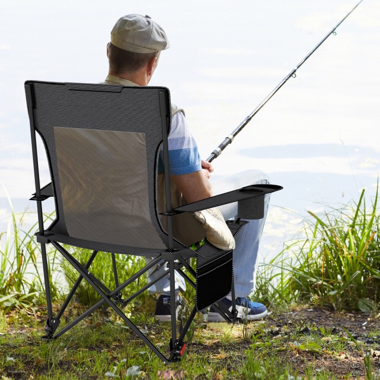 Reclining camping chair in gray with removable footrest, adjustable backrest, and side storage pocket for fishing trips.