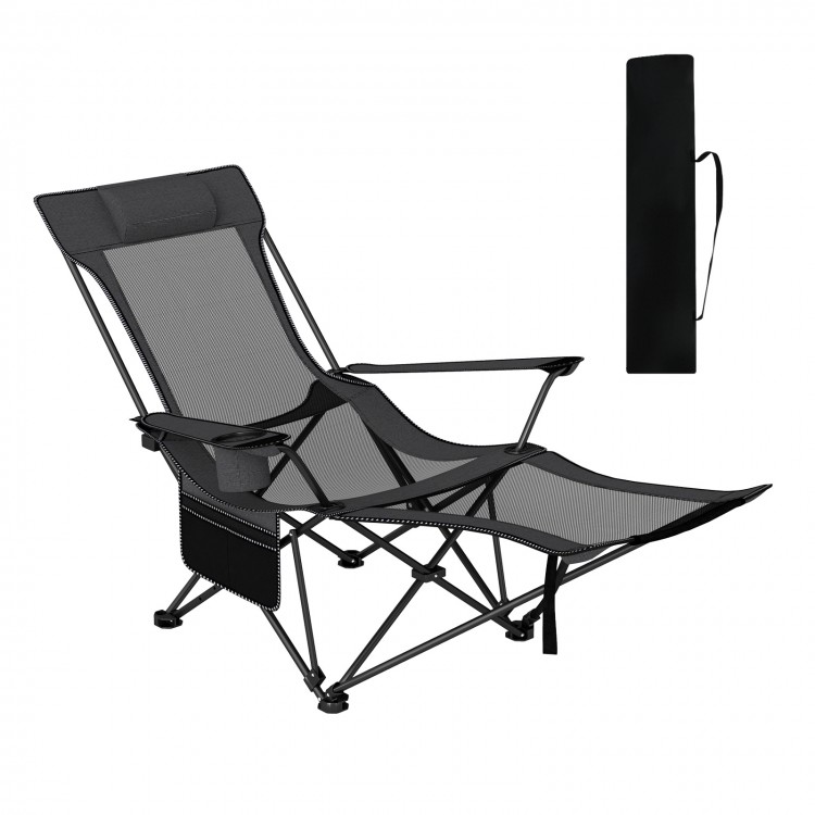 Reclining camping chair in gray with removable footrest, adjustable backrest, and side storage pocket for outdoor.