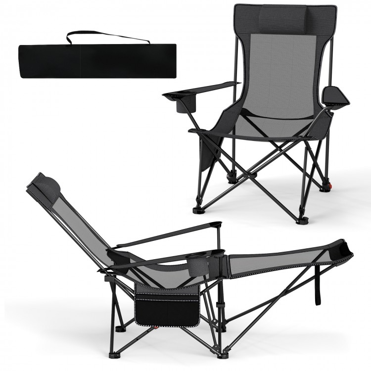 Reclining camping chair in gray with thick padded headrest and wide armrests, ideal for comfort during outdoor.