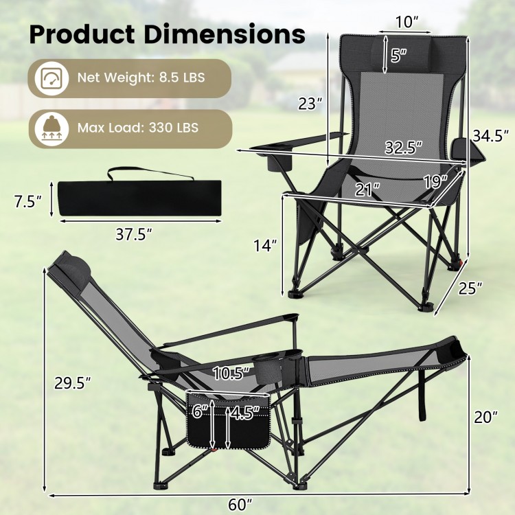 Reclining camping chair with adjustable backrest and removable footrest, featuring breathable mesh fabric and sturdy.