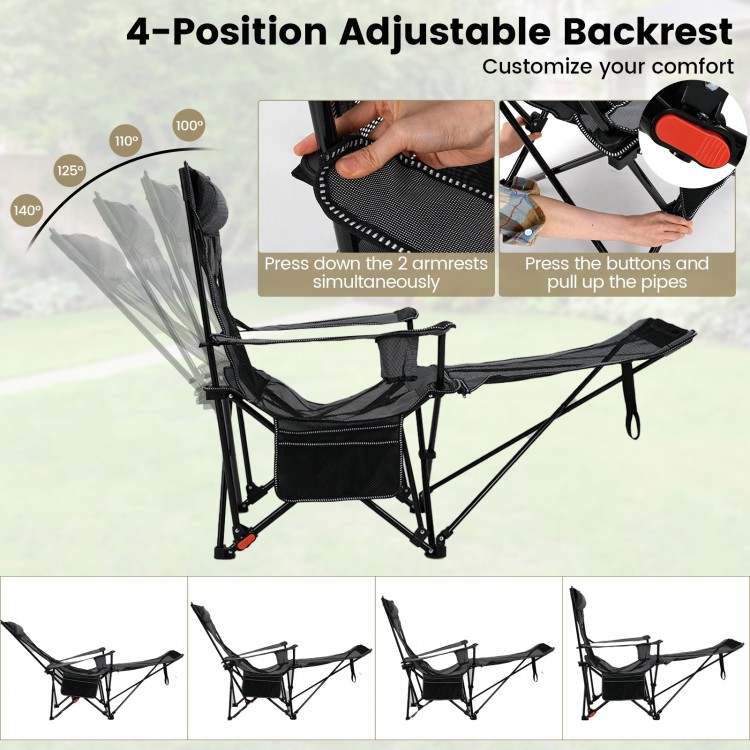 Reclining camping chair in gray with adjustable backrest, removable footrest, and side storage pocket for outdoor.