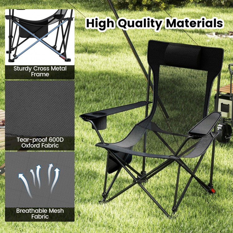 Close-up of the reclining camping chair's sturdy cross metal frame and tear-proof 600D oxford fabric for durability.