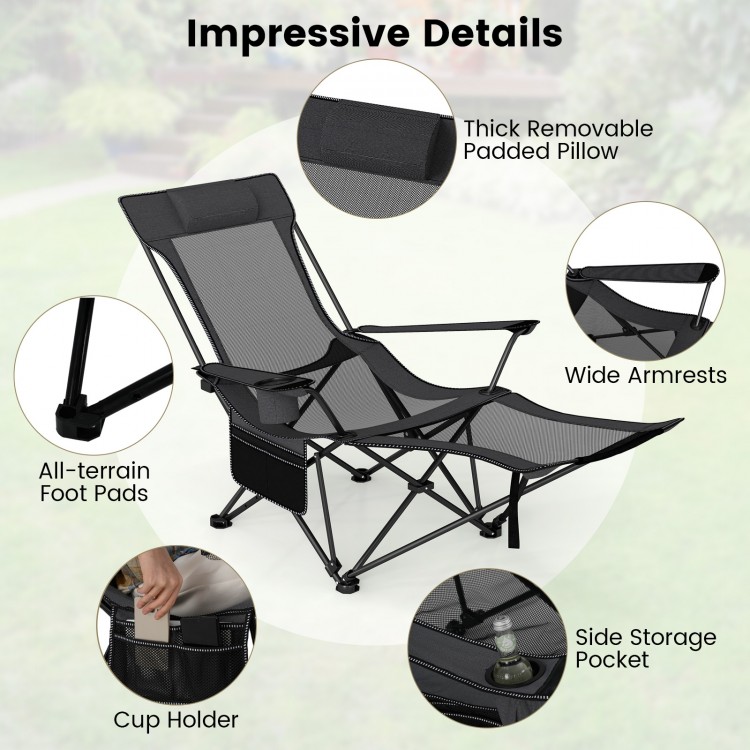 Reclining camping chair in gray with removable footrest, adjustable backrest, and side storage pocket for convenience.