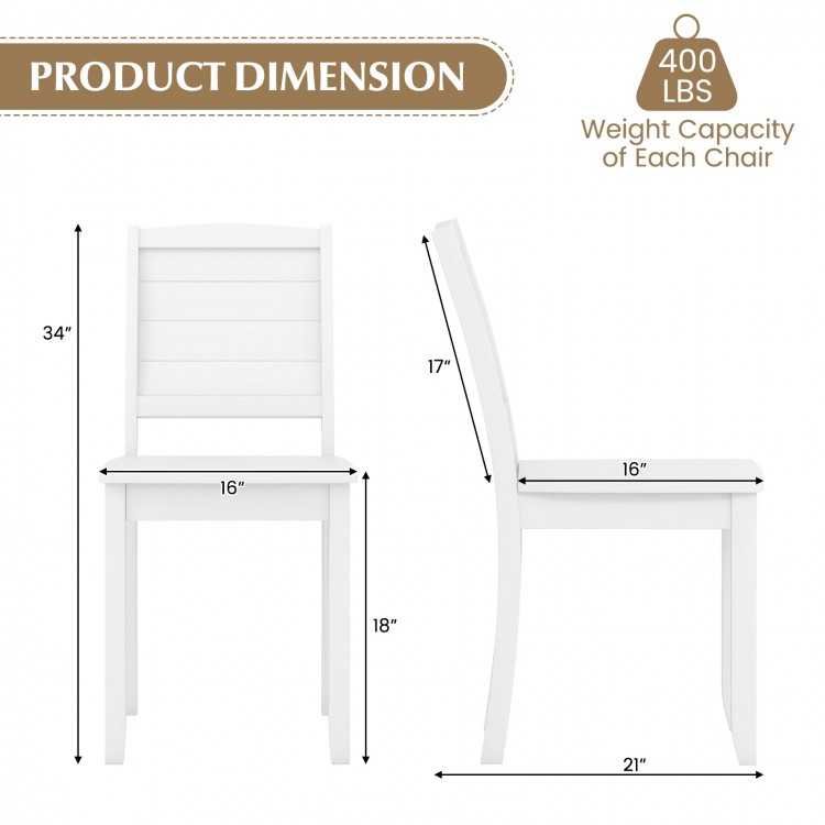 Dimensions of white wood dining chair set with rubber wood legs, featuring a sturdy design and farmhouse style.