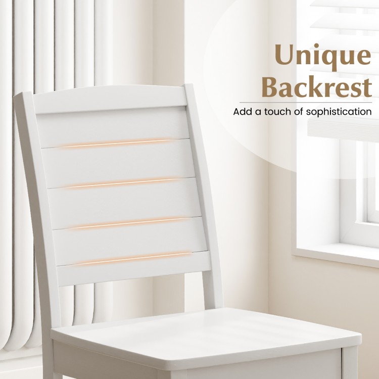 White wood dining chair featuring a unique backrest design, crafted from solid rubber wood for farmhouse-style kitchens.