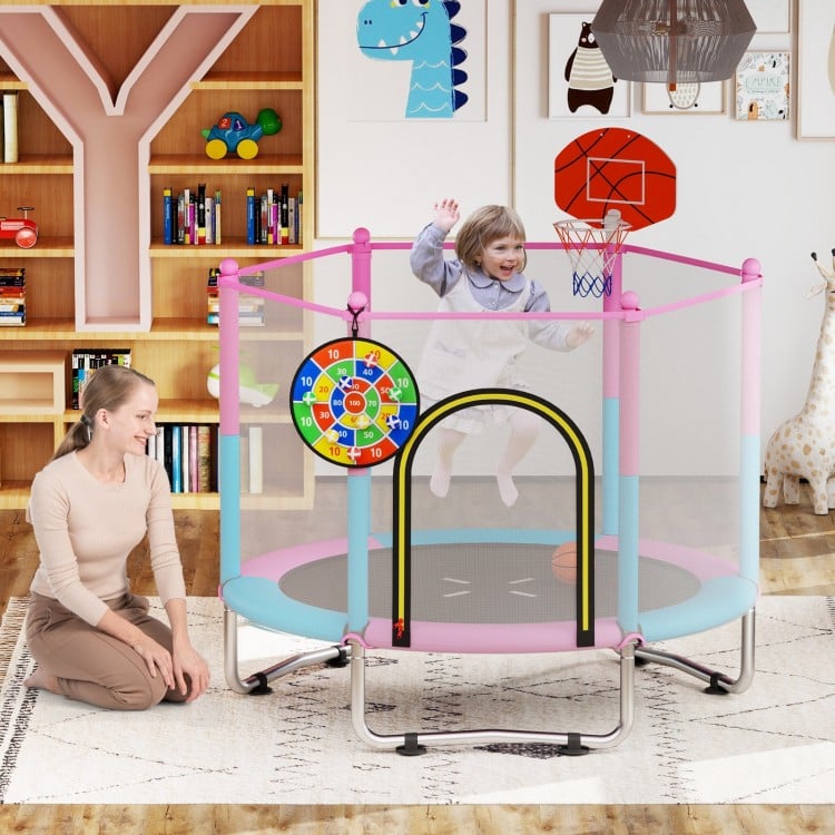 Kids trampoline with basketball hoop and dartboard, featuring a 60" jumping area and padded edges for safe play.