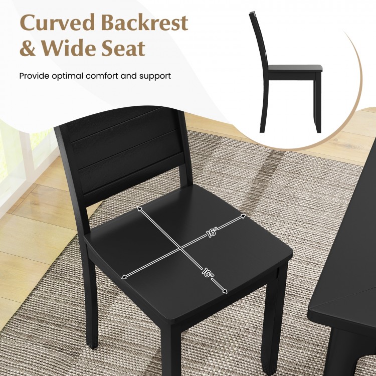 Black wood dining chair with curved backrest and wide seat, featuring rubber wood legs for stable kitchen seating.