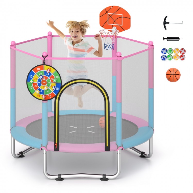 Kids jumping on a 60-inch macaron trampoline with basketball hoop and dartboard, designed for safe indoor and outdoor.