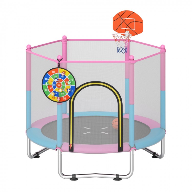 60-inch kids trampoline with basketball hoop and dartboard, featuring a padded edge and safety net for indoor or.