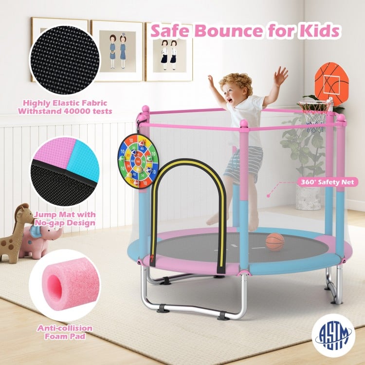 60-inch kids trampoline with basketball hoop, padded edges, and safety net for indoor and outdoor play.