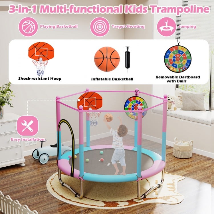 Detail view of the 60-inch kids trampoline with basketball hoop, showcasing the dense safety net and sturdy.
