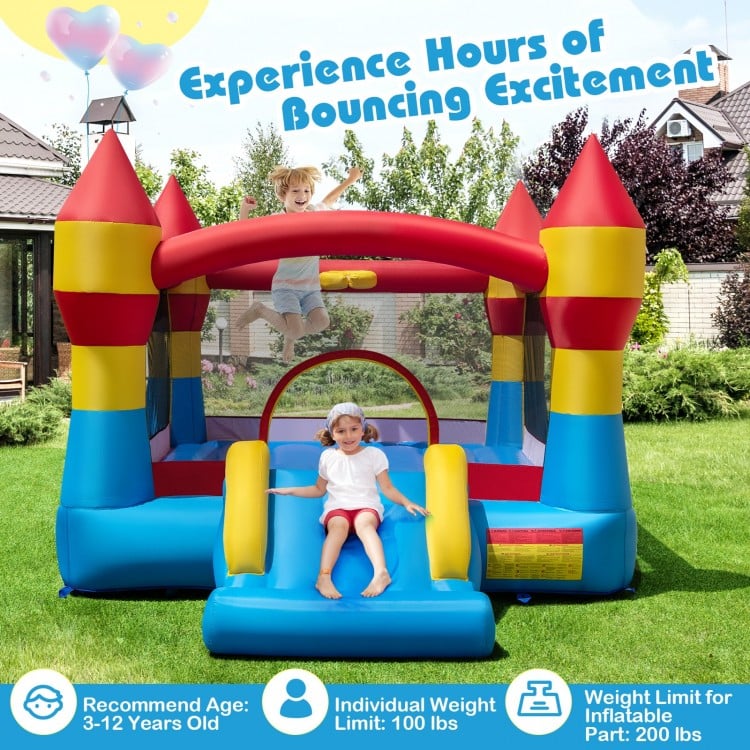 Colorful 3-in-1 kids bouncer with slide and basketball hoop, perfect for outdoor fun and birthday parties.