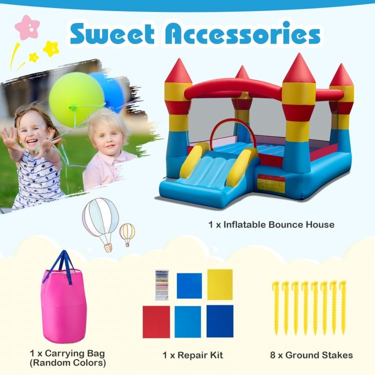 3-in-1 inflatable bounce house with slide and basketball hoop, made of durable 420D oxford cloth, for outdoor fun.