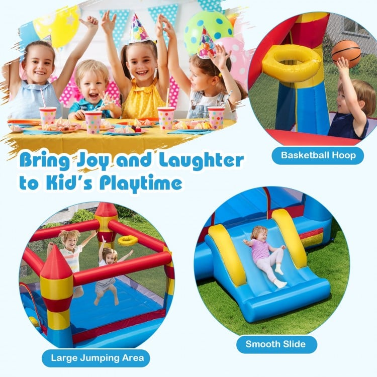 3-in-1 kids bouncer featuring a large jumping area, smooth slide, and basketball hoop for outdoor fun and playtime.