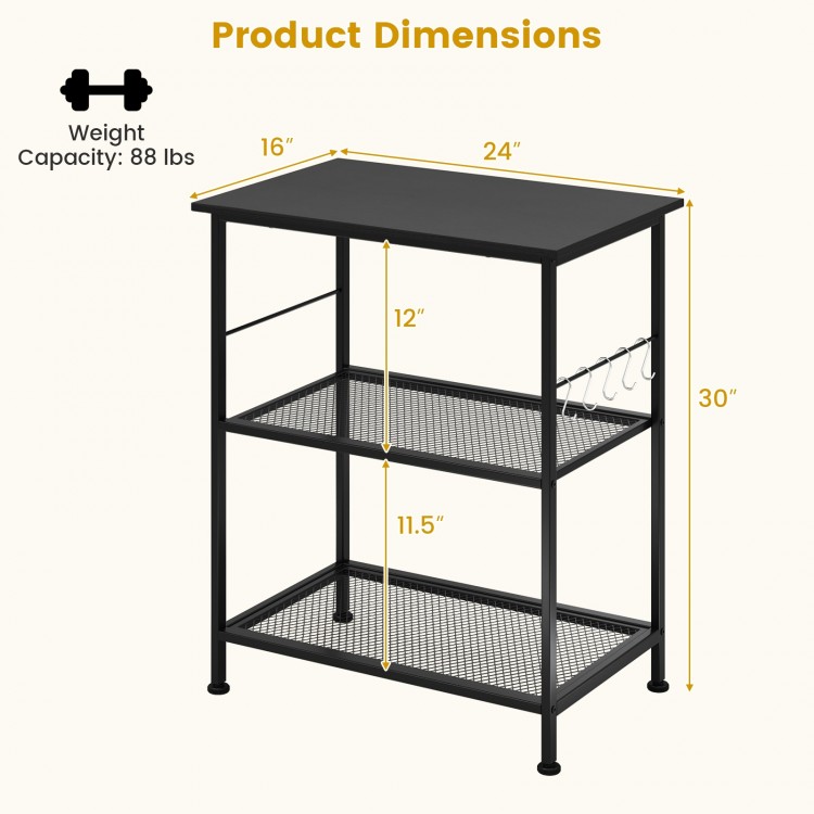 3-tier black kitchen serving cart with metal shelves, hooks, and dimensions for versatile storage and easy movement.