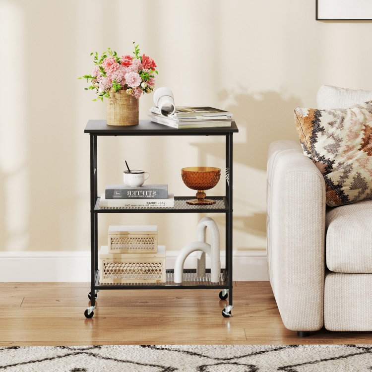 3-tier black kitchen serving cart with wheels, featuring sturdy metal shelves and hooks, ideal for versatile home use.