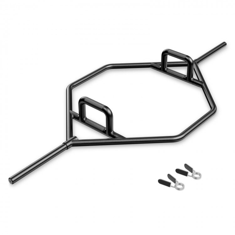 Olympic hex trap bar in black with foldable handles and knurled grips, ideal for strength training with 1-inch weight.