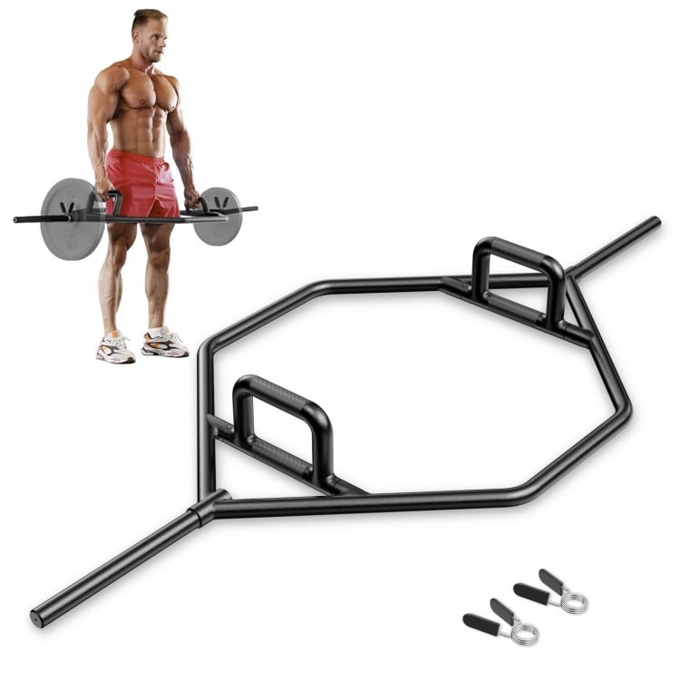 Olympic Hex Trap Bar in black with foldable handles and knurled grips, ideal for strength training and space-saving.