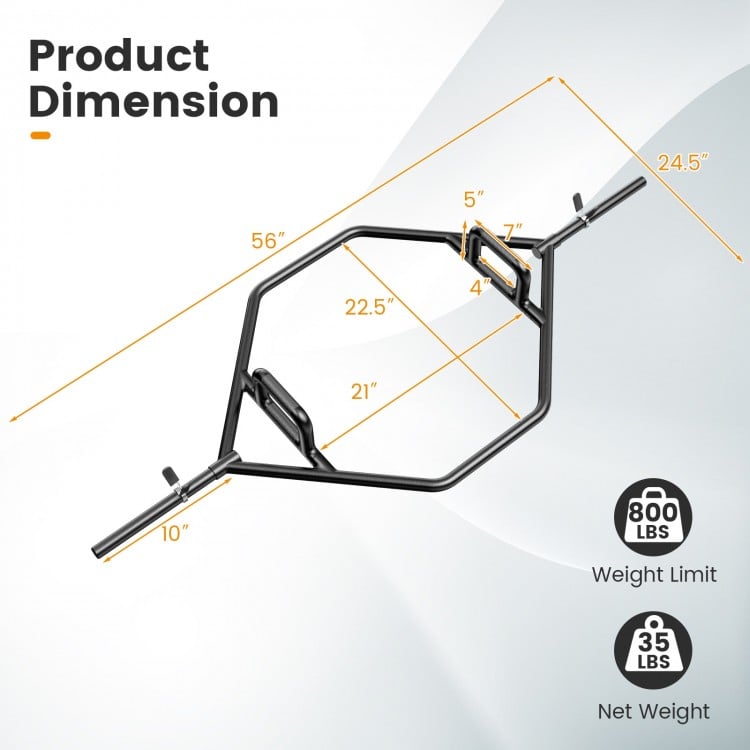 Olympic hex trap bar with foldable handles, solid steel construction, and 800 lbs weight limit for strength training.