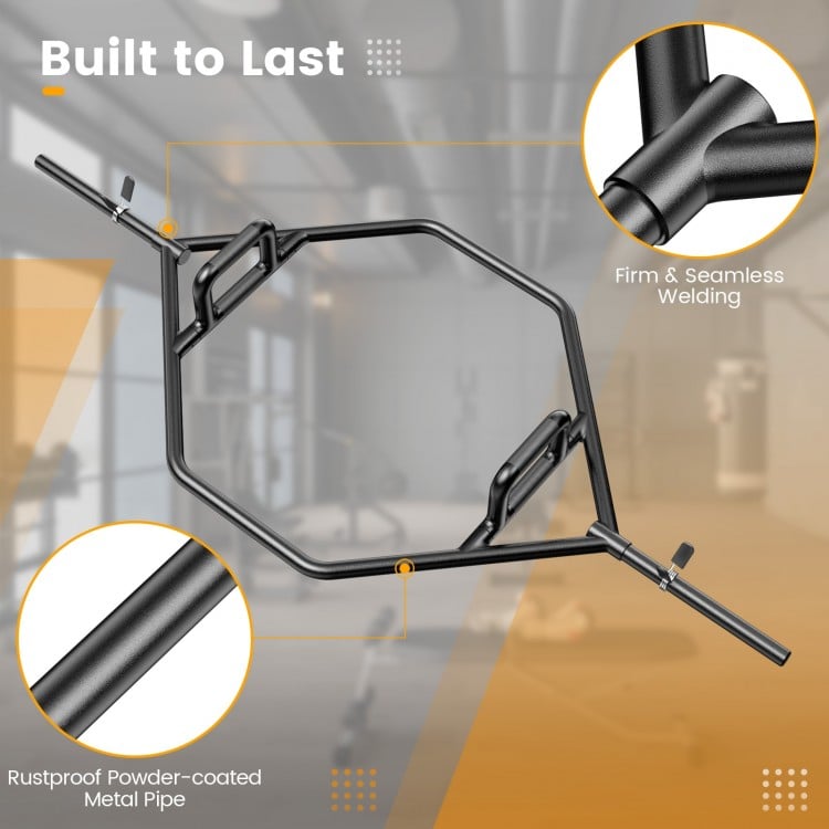 Close-up of the Olympic Hex Trap Bar showcasing rustproof metal pipes and firm seamless welding for durability.
