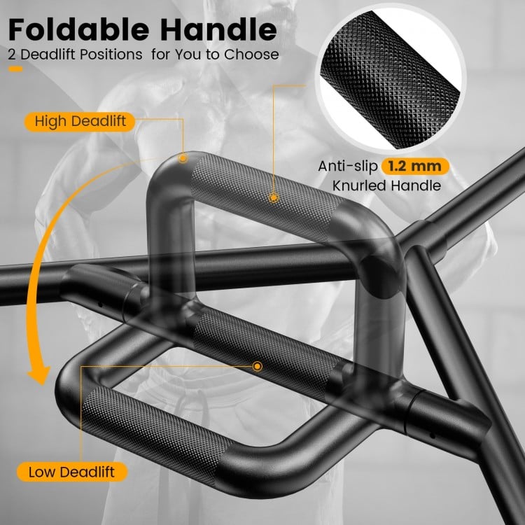 Olympic Hex Trap Bar with foldable knurled handles, featuring dual grip positions for versatile strength training.